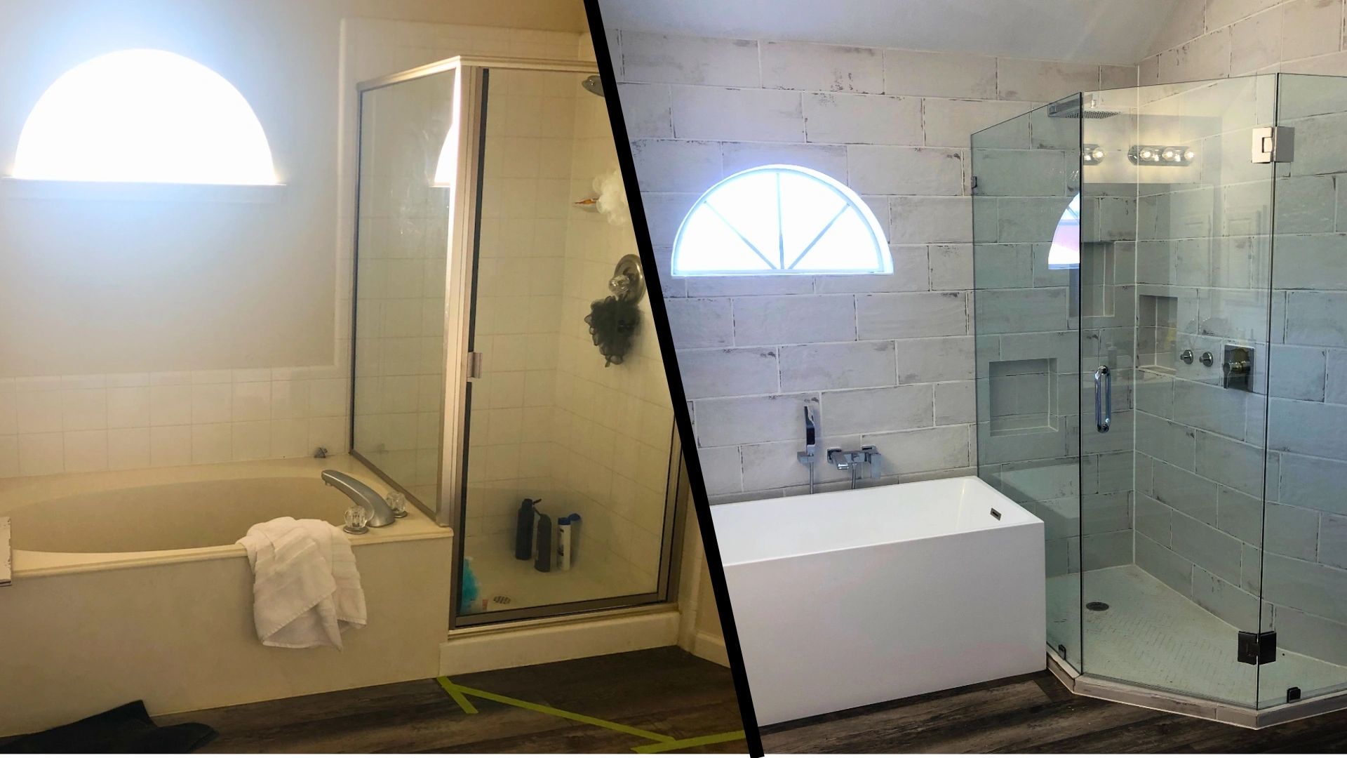 Before and after bathroom remodel with updated tile and glass shower